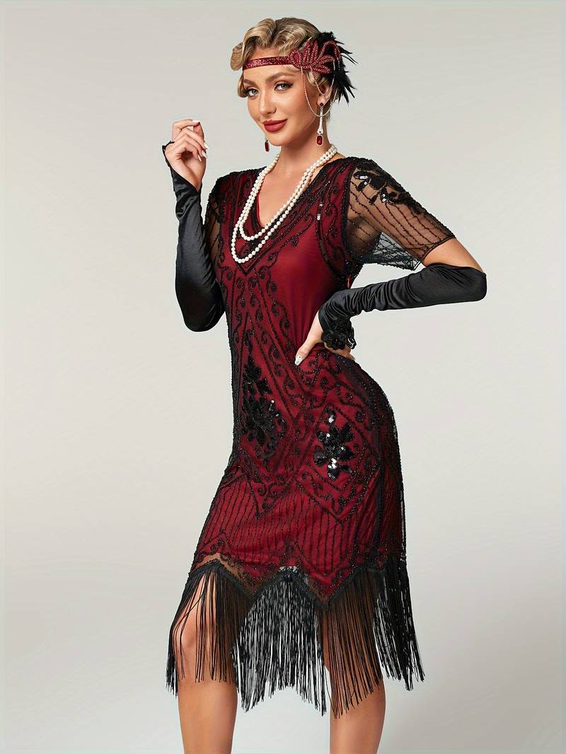 Plus Size 1920s Flapper Dress Gatsby Costume Fringed Sequin Art Deco Dress for Women Red