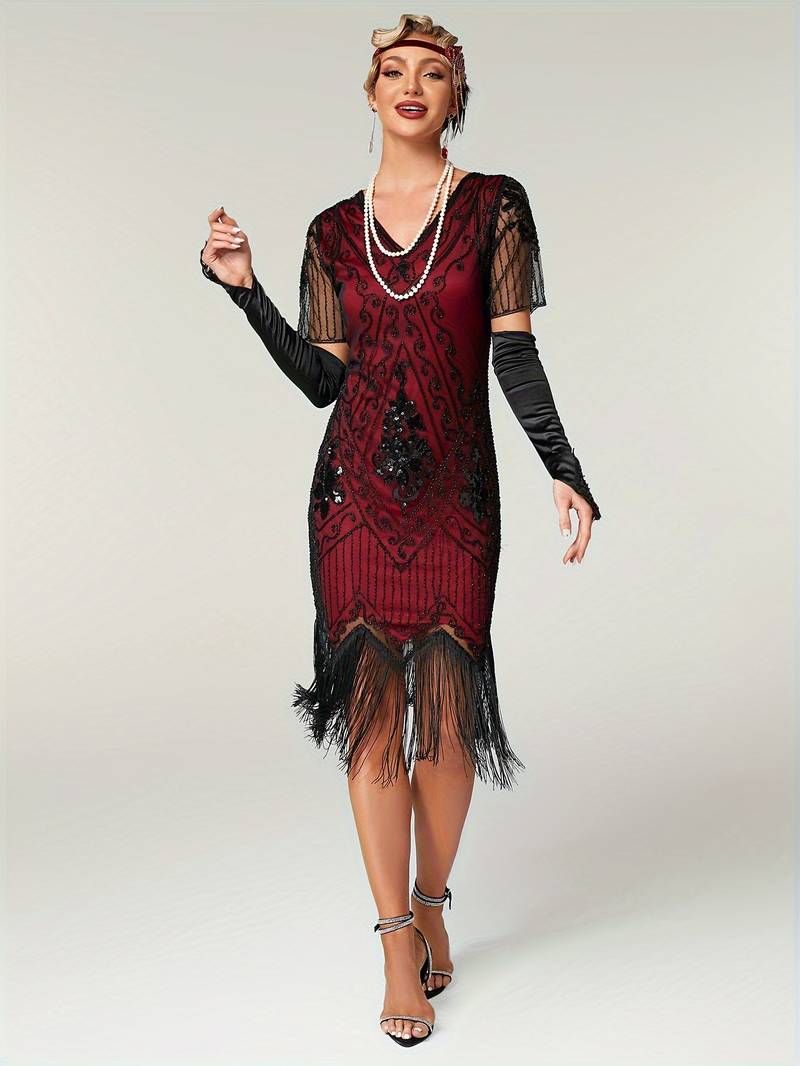 Plus Size 1920s Flapper Dress Gatsby Costume Fringed Sequin Art Deco Dress for Women Red