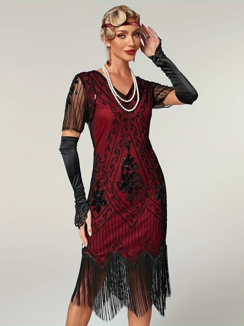 Plus Size 1920s Flapper Dress Gatsby Costume Fringed Sequin Art Deco Dress for Women Red