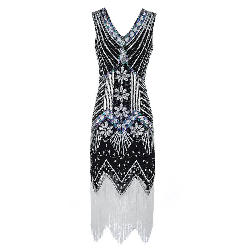 Plus Size 1920s Womens Gatsby Halloween Costume Flapper Dresses V Neck Fringed Dress Black White