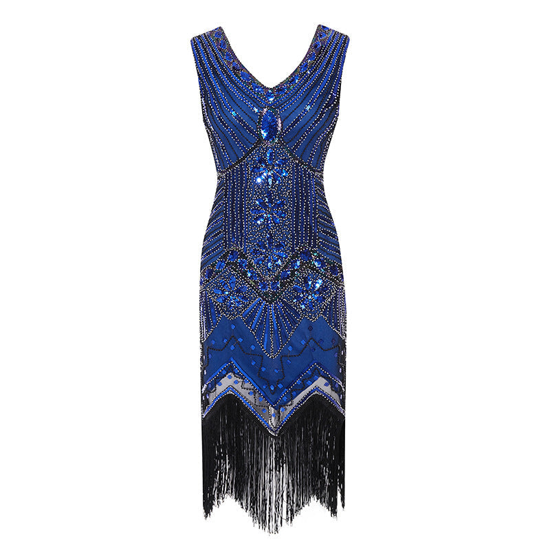 Plus Size 1920s Womens Gatsby Halloween Costume Flapper Dresses V Neck Fringed Dress Blue
