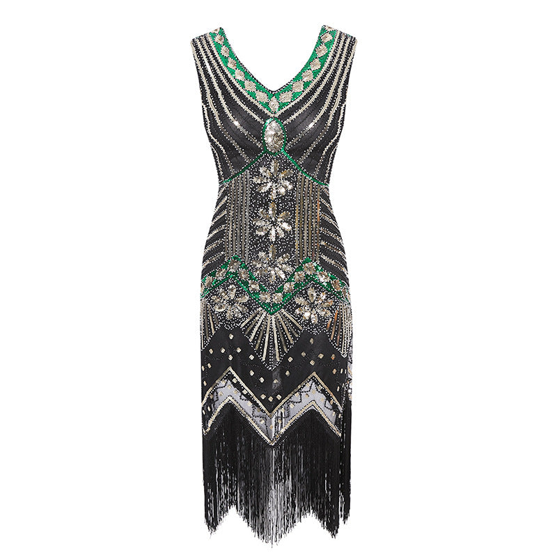 Plus Size 1920s Womens Gatsby Halloween Costume Flapper Dresses V Neck Fringed Dress Dark Green
