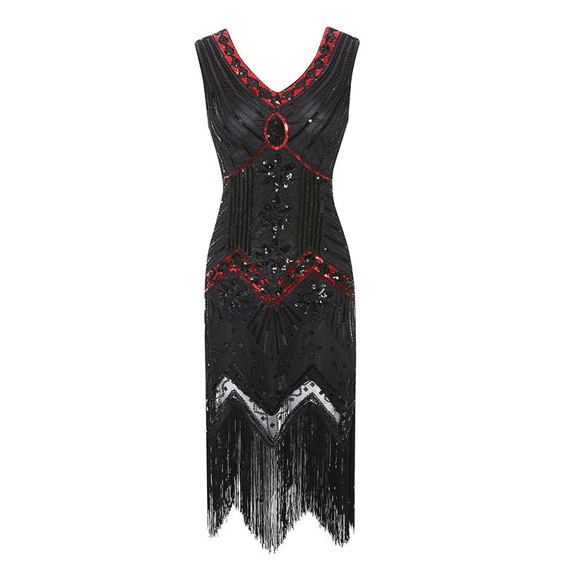 Plus Size 1920s Womens Gatsby Halloween Costume Flapper Dresses V Neck Fringed Dress Dark Red Black