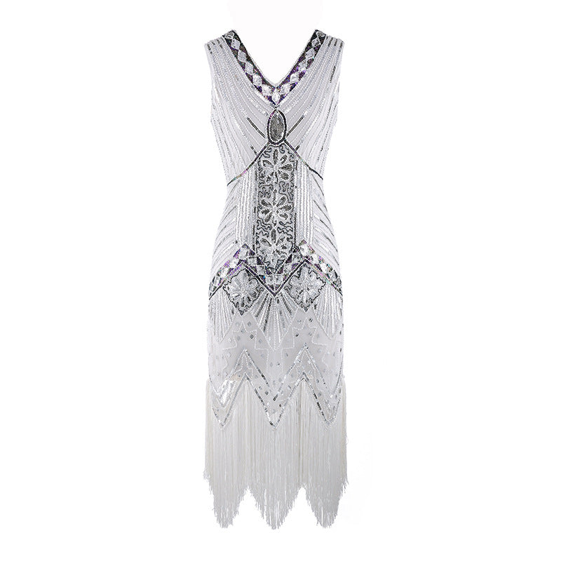 Plus Size Womens 1920s V Neck Beaded Fringed Gatsby Theme Flapper Costume Dress White