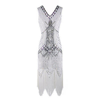 Plus Size Womens 1920s V Neck Beaded Fringed Gatsby Theme Flapper Costume Dress White
