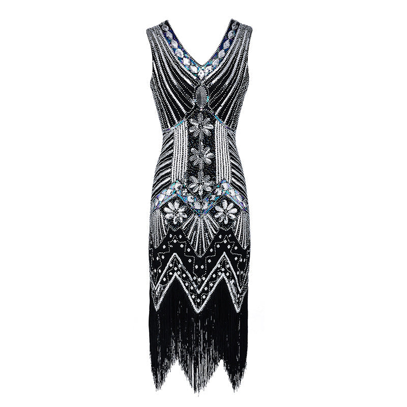 Plus Size Womens 1920s V Neck Beaded Fringed Gatsby Theme Flapper Costume Dress Black
