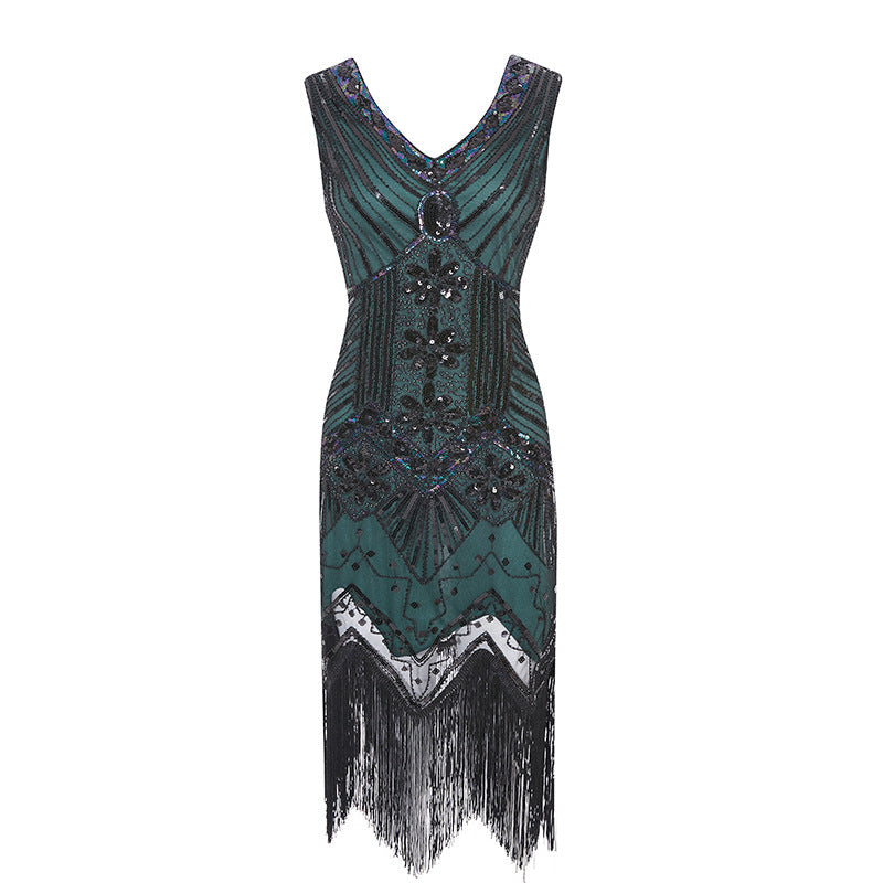 Plus Size Womens 1920s V Neck Beaded Fringed Gatsby Theme Flapper Costume Dress Green