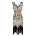 Plus Size Womens 1920s V Neck Beaded Fringed Gatsby Theme Flapper Costume Dress Khaki