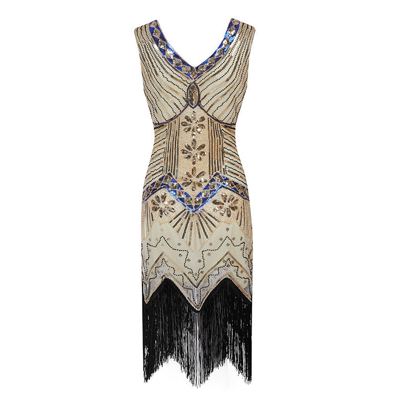 Plus Size Womens 1920s V Neck Beaded Fringed Gatsby Theme Flapper Costume Dress Khaki