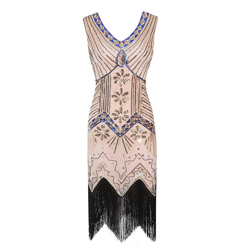 Plus Size Womens 1920s V Neck Beaded Fringed Gatsby Theme Flapper Costume Dress Pink