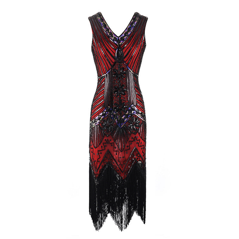 Plus Size Womens 1920s V Neck Beaded Fringed Gatsby Theme Flapper Costume Dress Wine