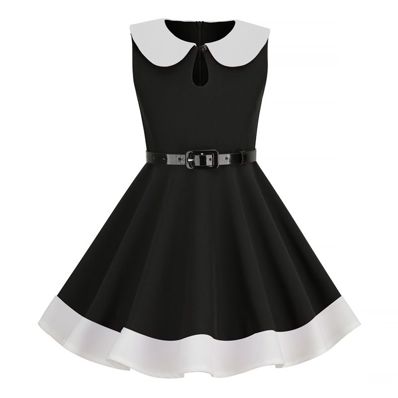 Retro Girls Vintage Sleeveless Doll Collar Dress Vintage Party Dress Black