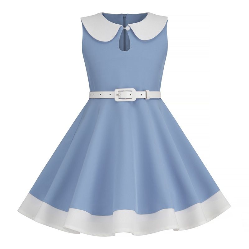 Retro Girls Vintage Sleeveless Doll Collar Dress Vintage Party Dress Blue