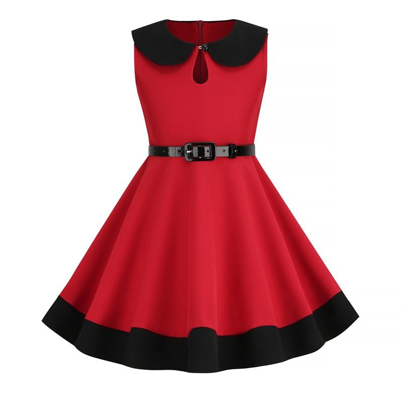 Retro Girls Vintage Sleeveless Doll Collar Dress Vintage Party Dress Red