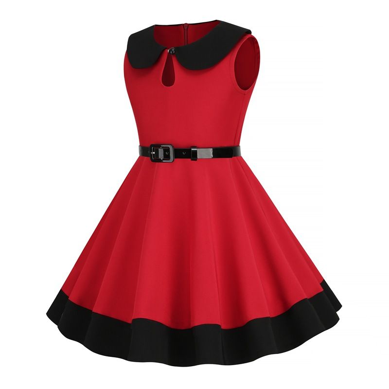 Retro Girls Vintage Sleeveless Doll Collar Dress Vintage Party Dress Red