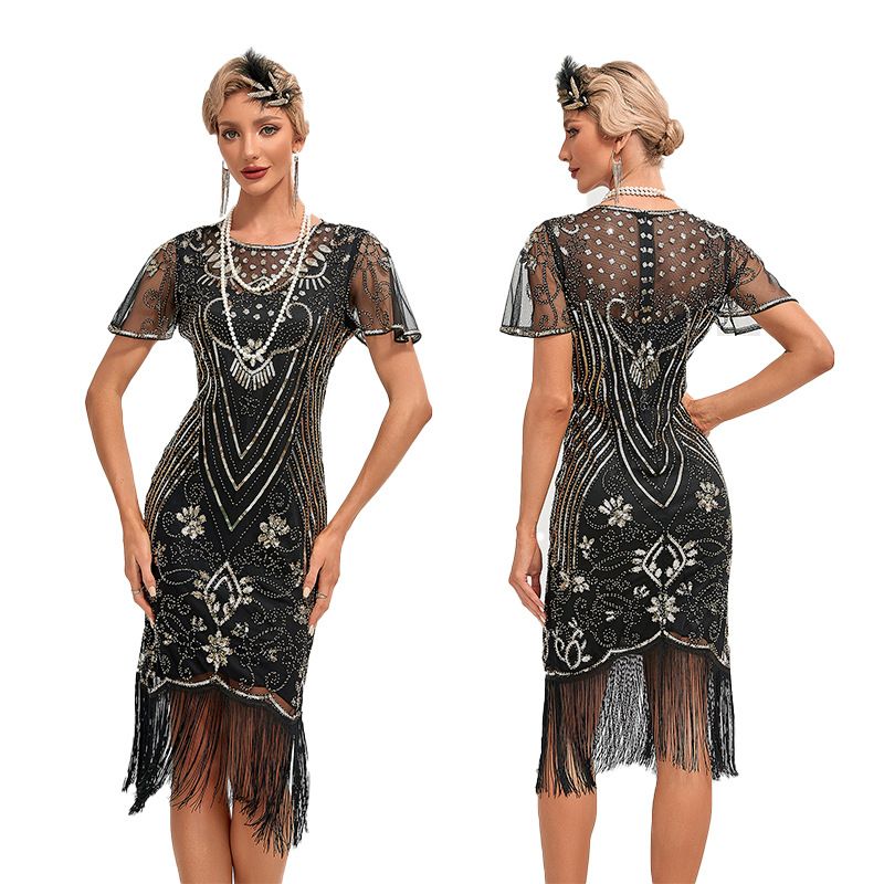 Vintage 1920s The Great Gatsby Flapper Dress Outfits Party Costume Masquerad Dress Black Silver