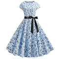 Vintage Dresses Women Casual 1950s Retro Printing Party Prom Swing Dress Blue