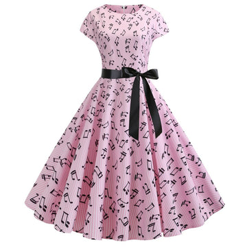 Vintage Dresses Women Casual 1950s Retro Printing Party Prom Swing Dress Pink