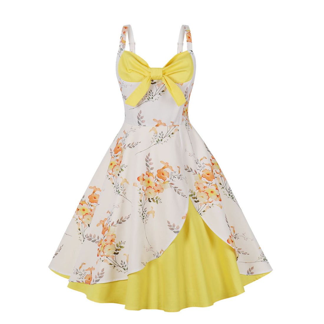 Vintage Floral Cocktail Dress Bowknot Retro 1950s Vintage Dress Yellow