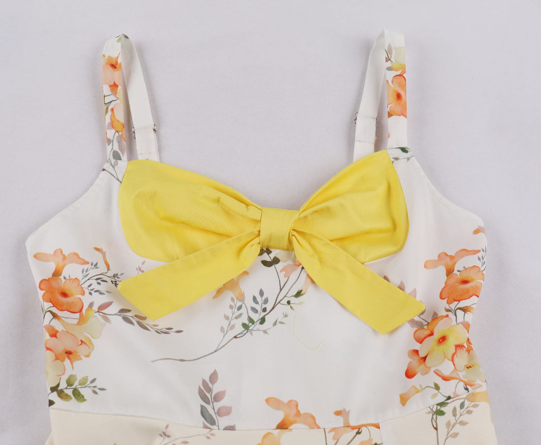Vintage Floral Cocktail Dress Bowknot Retro 1950s Vintage Dress Yellow