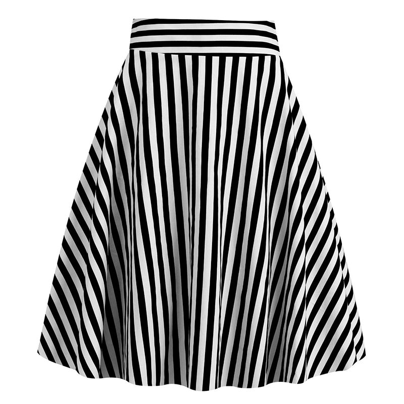 Vintage Striped Knee Length Women's Skirt 50s 60s A Line Skirts Black