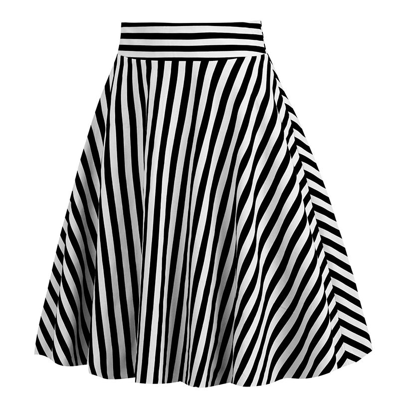 Vintage Striped Knee Length Women's Skirt 50s 60s A Line Skirts Black