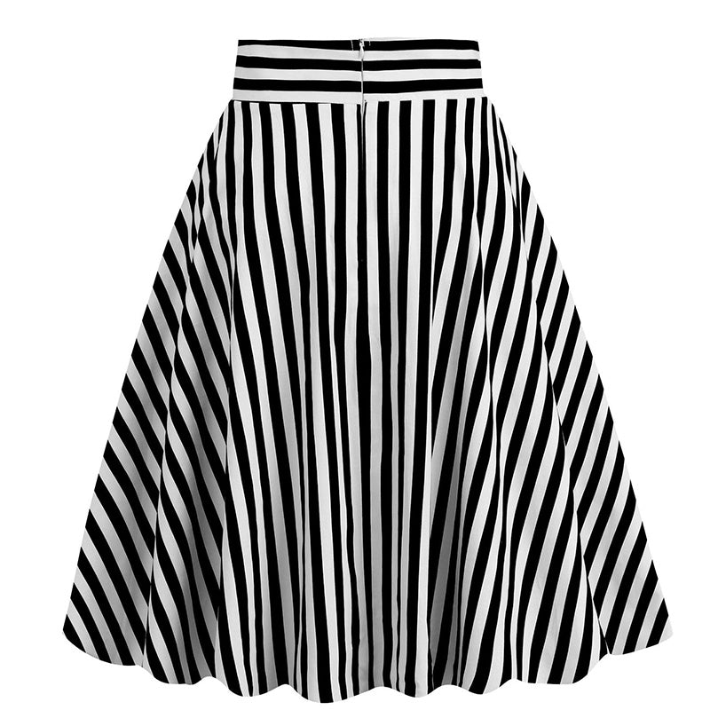 Vintage Striped Knee Length Women's Skirt 50s 60s A Line Skirts Black