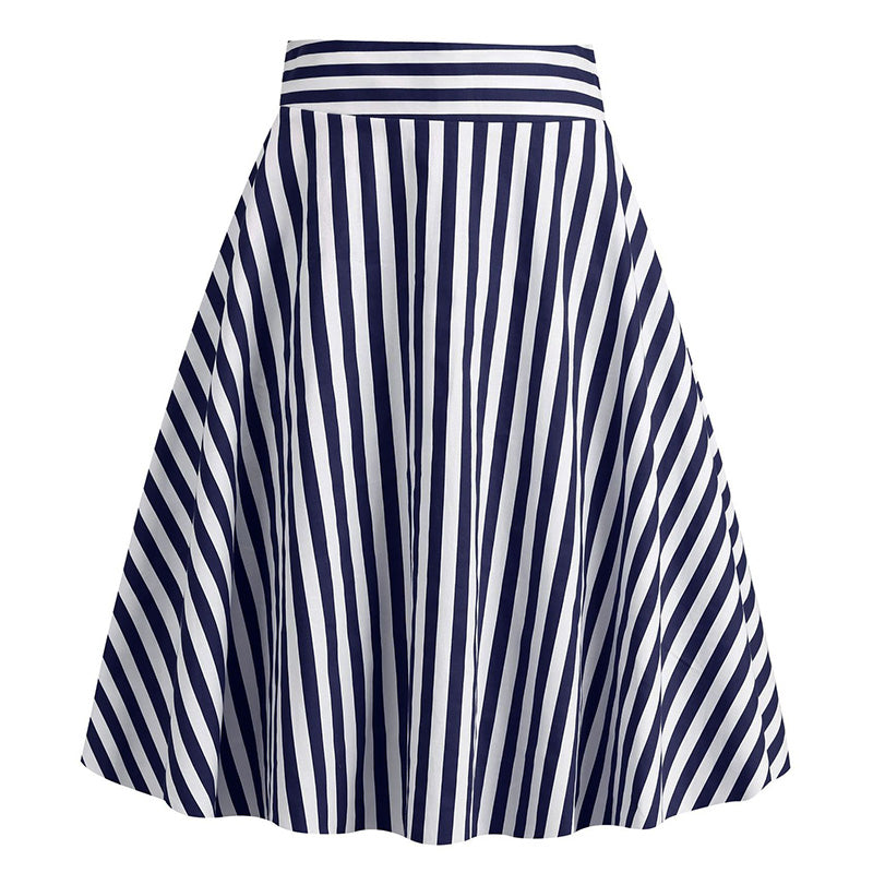Vintage Striped Knee Length Women's Skirt 50s 60s A Line Skirts Blue