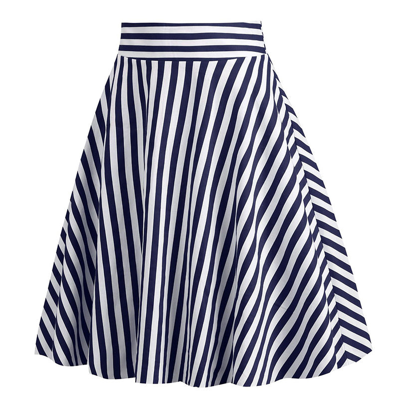 Vintage Striped Knee Length Women's Skirt 50s 60s A Line Skirts Blue