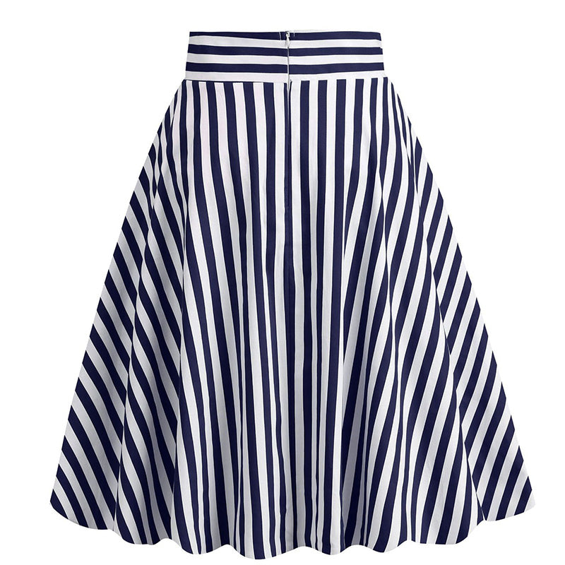 Vintage Striped Knee Length Women's Skirt 50s 60s A Line Skirts Blue