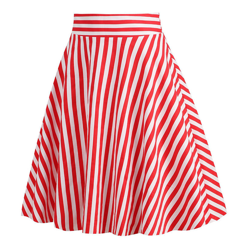 Vintage Striped Knee Length Women's Skirt 50s 60s A Line Skirts Red