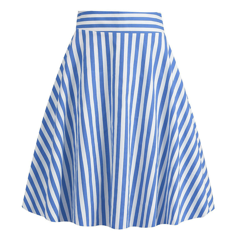 Vintage Striped Knee Length Women's Skirt 50s 60s A Line Skirts Sky