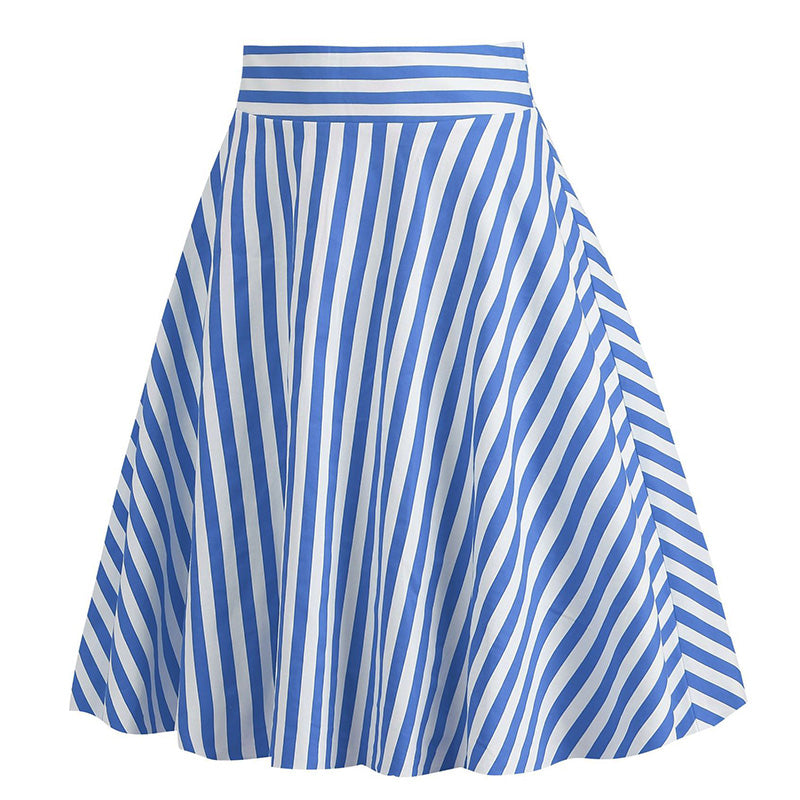 Vintage Striped Knee Length Women's Skirt 50s 60s A Line Skirts Sky