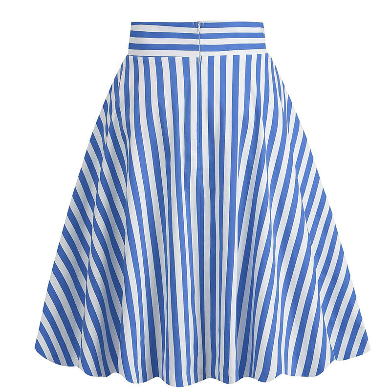 Vintage Striped Knee Length Women's Skirt 50s 60s A Line Skirts Sky