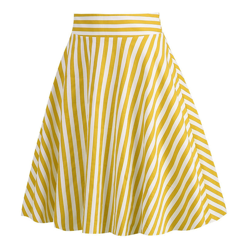 Vintage Striped Knee Length Women's Skirt 50s 60s A Line Skirts Yellow