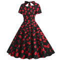 Vintage Women 50s Dress Cherry Print Cutout A-line Tea Dress Black