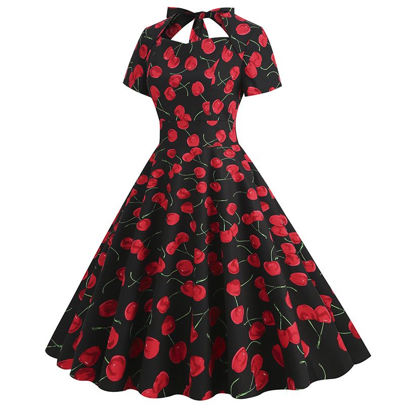 Vintage Women 50s Dress Cherry Print Cutout A-line Tea Dress Black