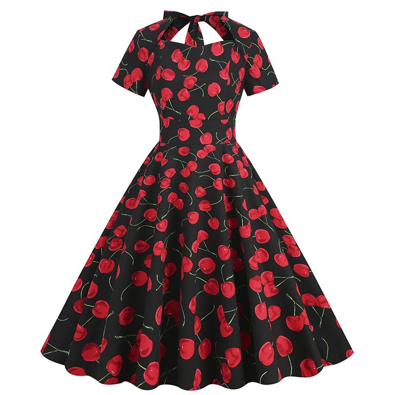 Vintage Women 50s Dress Cherry Print Cutout A-line Tea Dress Black