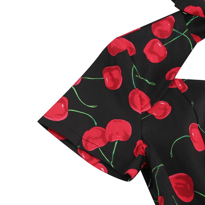 Vintage Women 50s Dress Cherry Print Cutout A-line Tea Dress Black