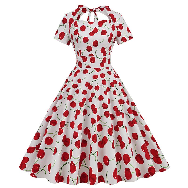 Vintage Women 50s Dress Cherry Print Cutout A-line Tea Dress White