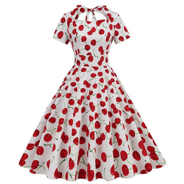 Vintage Women 50s Dress Cherry Print Cutout A-line Tea Dress White