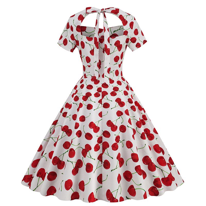 Vintage Women 50s Dress Cherry Print Cutout A-line Tea Dress White