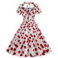Vintage Women 50s Dress Cherry Print Cutout A-line Tea Dress White