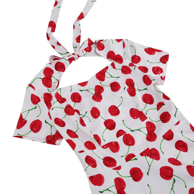 Vintage Women 50s Dress Cherry Print Cutout A-line Tea Dress White