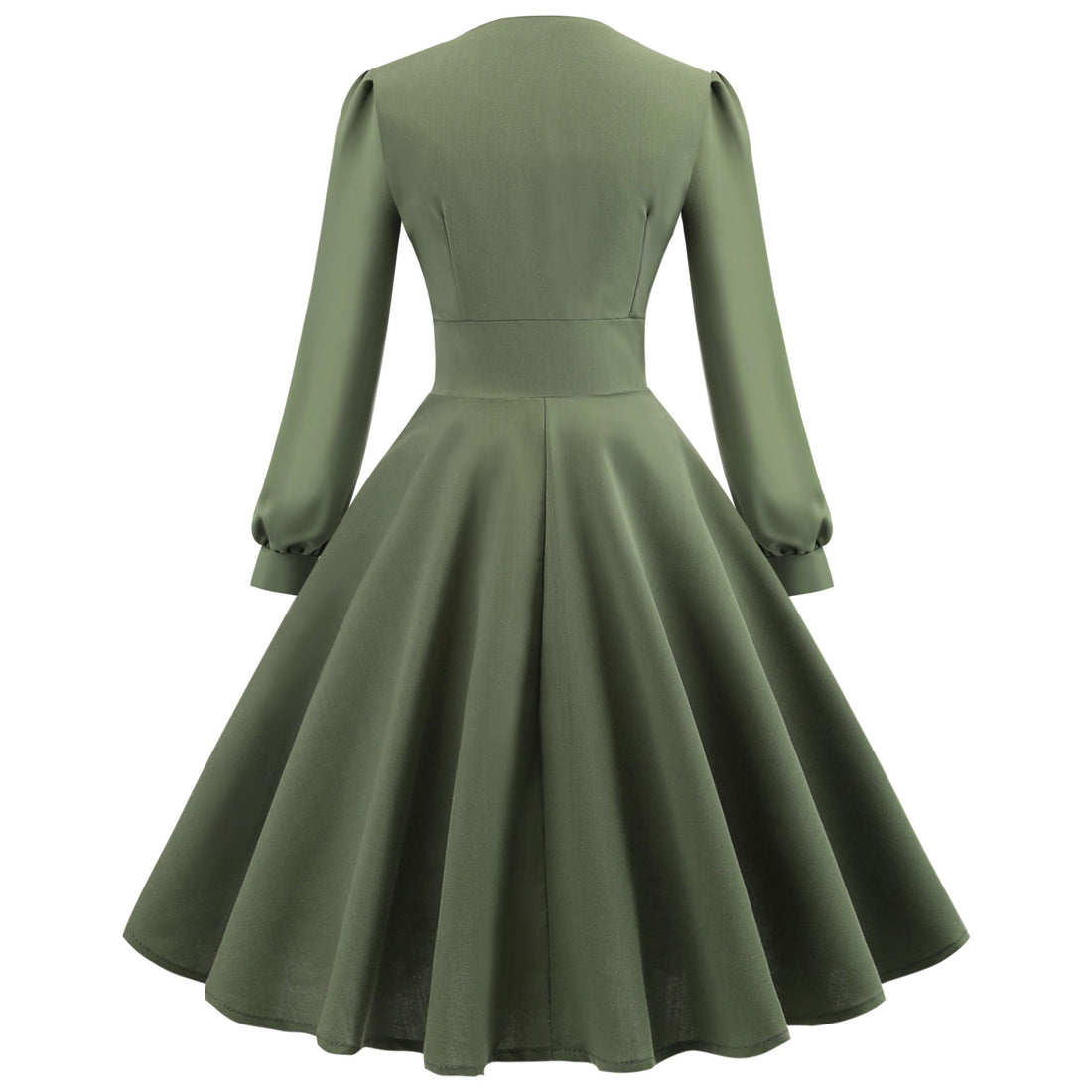 Women V-Neck Retro Vintage Solid Color Long Sleeved Button Dress