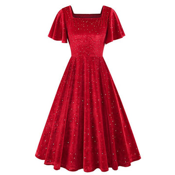 Women Vintage Flutter Sleeve Glitter Velvet 50s Party Cocktail Dresses