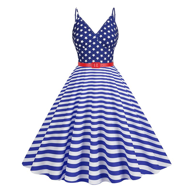 Women 1950S Cocktail Dress Spaghetti Straps American Flag Patriotic Dress Blue