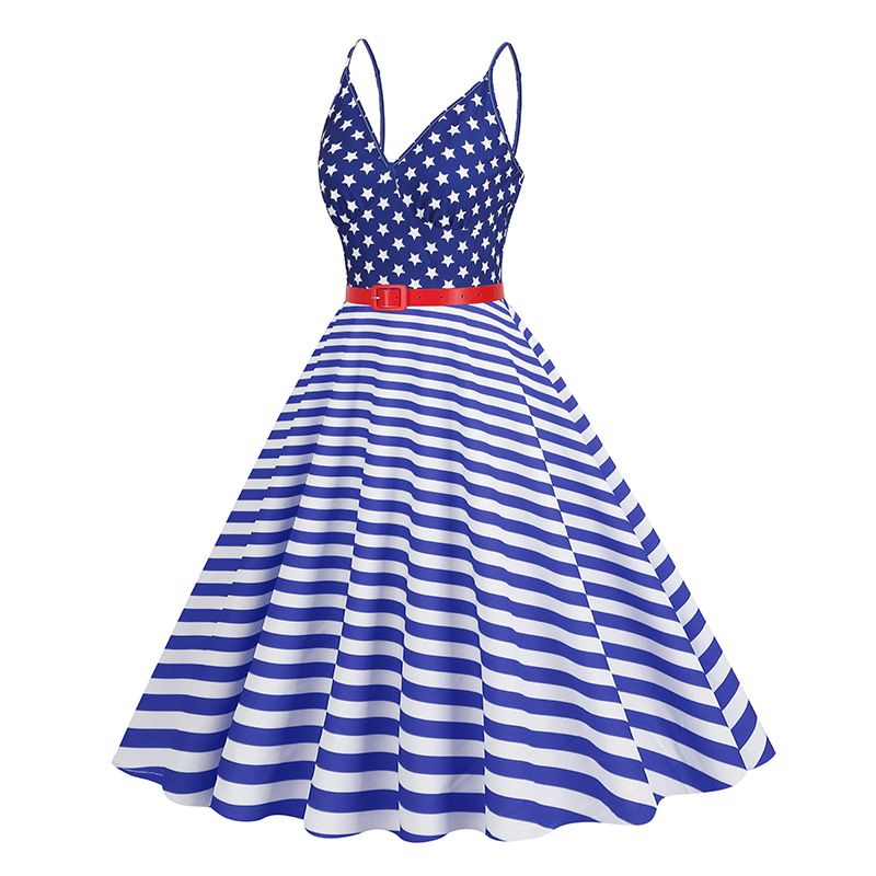 Women 1950S Cocktail Dress Spaghetti Straps American Flag Patriotic Dress Blue