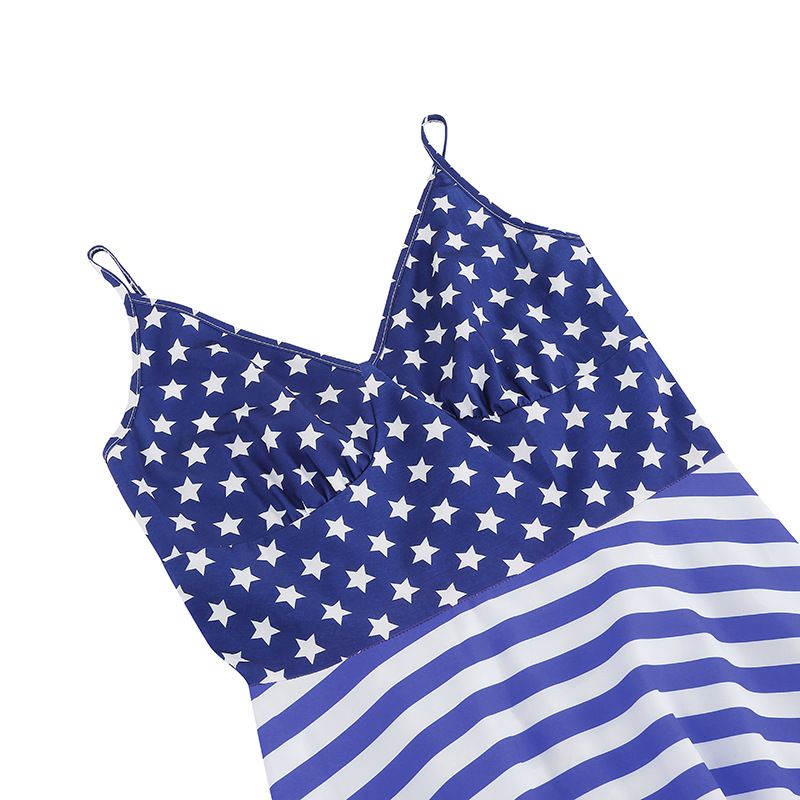 Women 1950S Cocktail Dress Spaghetti Straps American Flag Patriotic Dress Blue