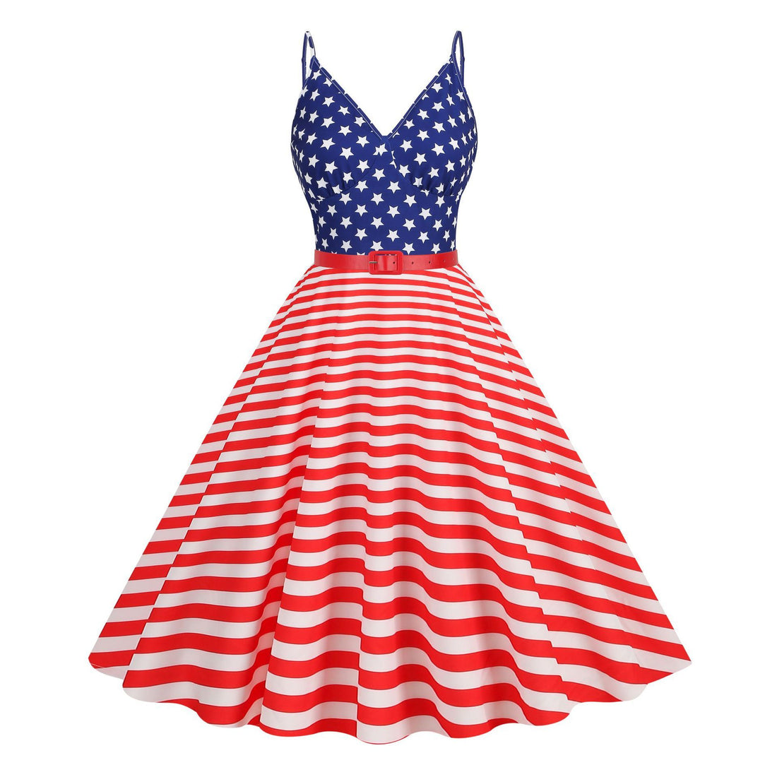 Women 1950S Cocktail Dress Spaghetti Straps American Flag Patriotic Dress Red